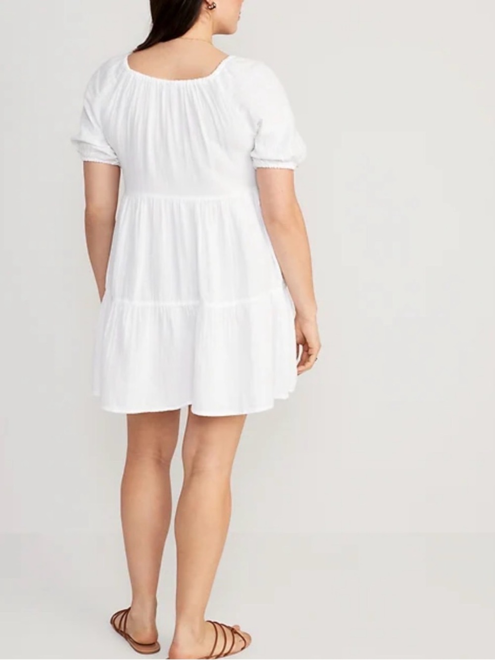 Women’s Old Navy Puff Sleeve Tiered Mini Swing Dress Gauzy Pockets Small Tall